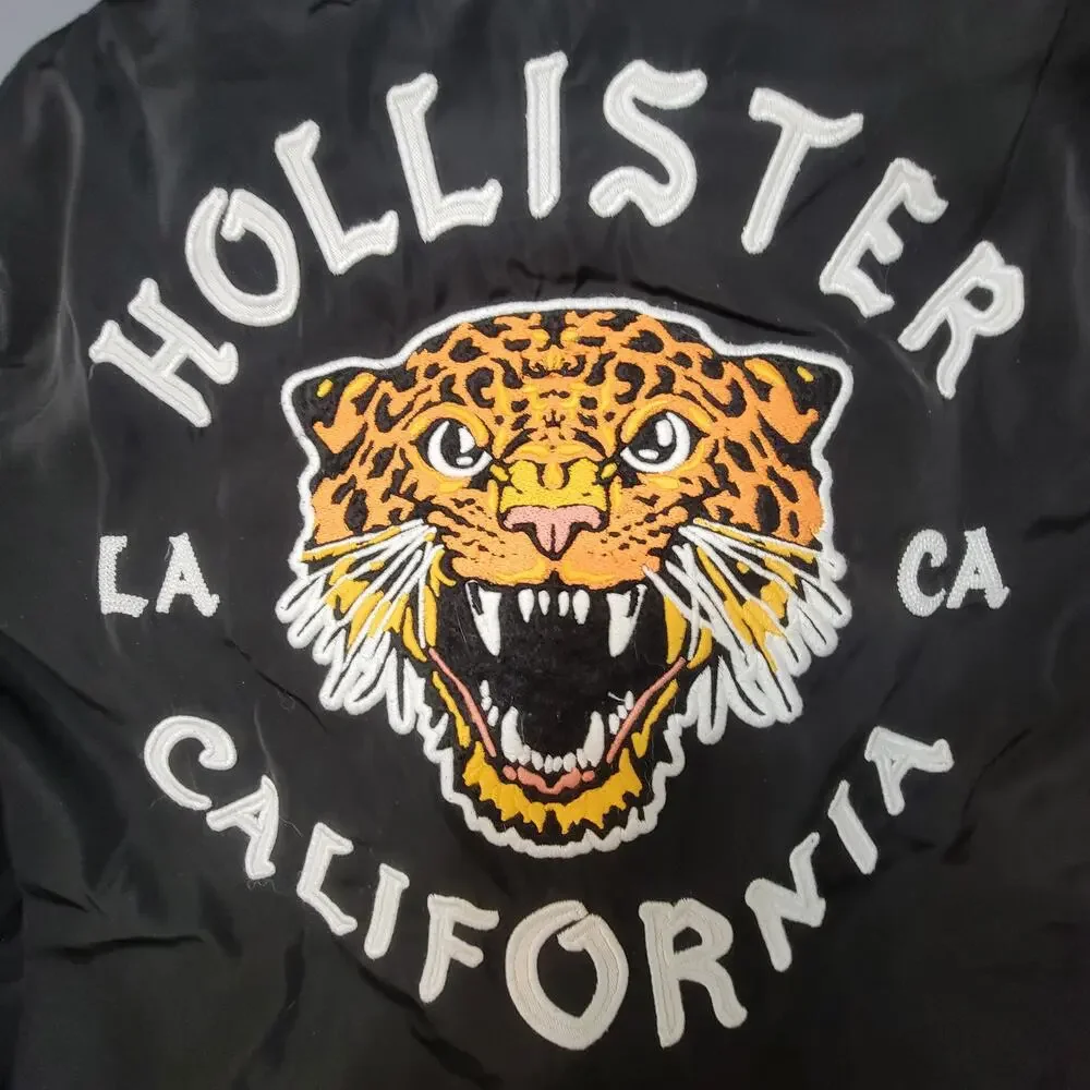 Hollister Tiger Embroidered Hooded Bomber Jacket Varsity Black